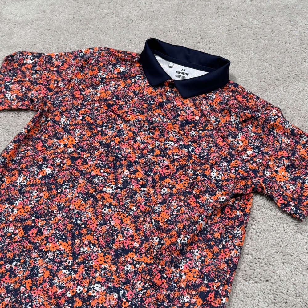 Under Armour Kids Performance Polo Shirt Orange Navy Floral Splatter YXL 1377356
